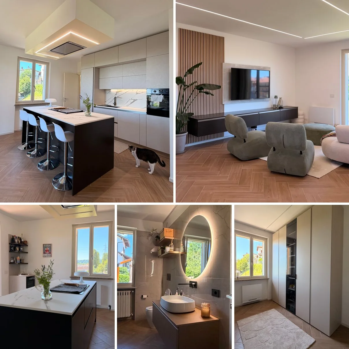 Realizzazioni Febal Casa per clienti reali: cucina con isola, living, dettaglio cucina, bagno e armadio